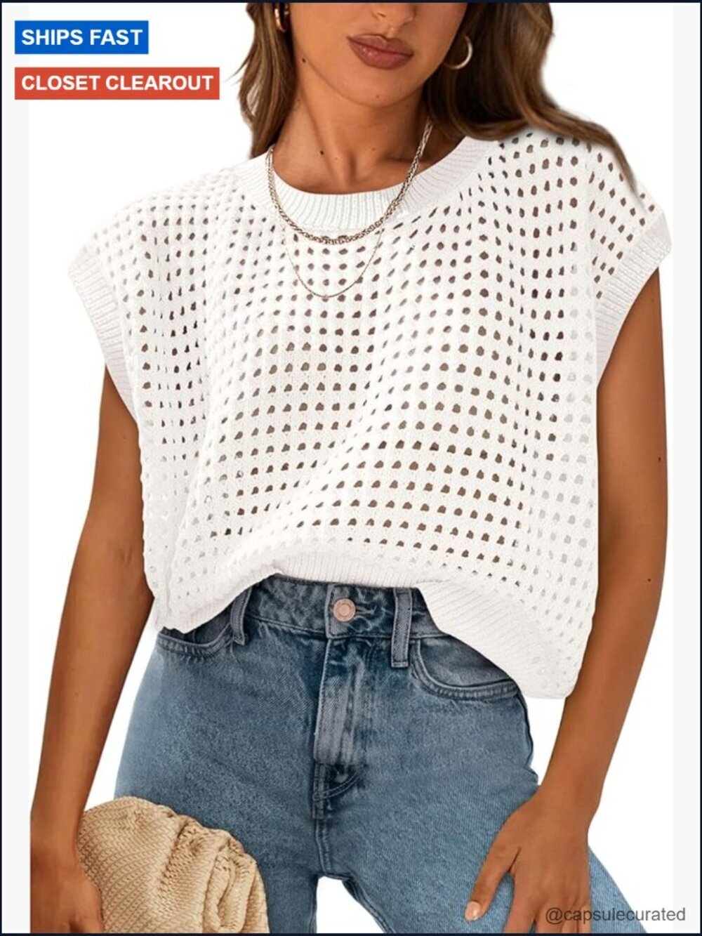 Crochet Cap Sleeve Sweater Pullover Hollow Out Crew Neck Top